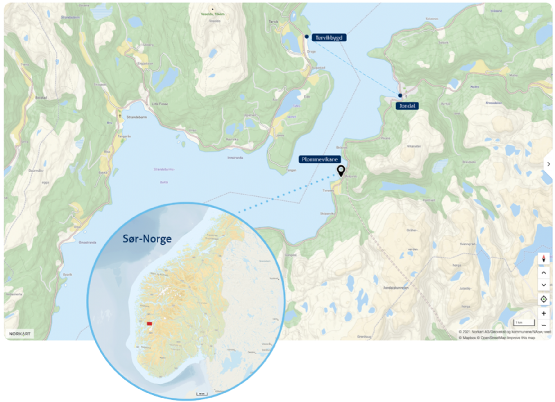 Hardanger Fishfarm sitt planlagte anlegg ligger i Plommevikane på Torsnes, gamle Jondal kommune, nå Ullensvang kommune.